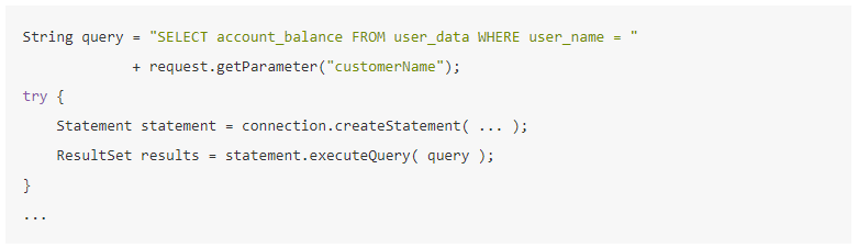 Java code snippet showing code vulnerable to SQL injection