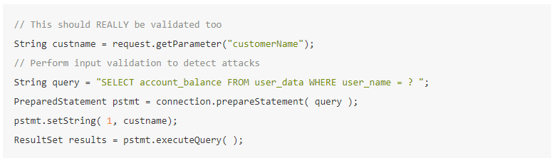 Java code snippet showing safe parameterized queries to prevent SQL injection